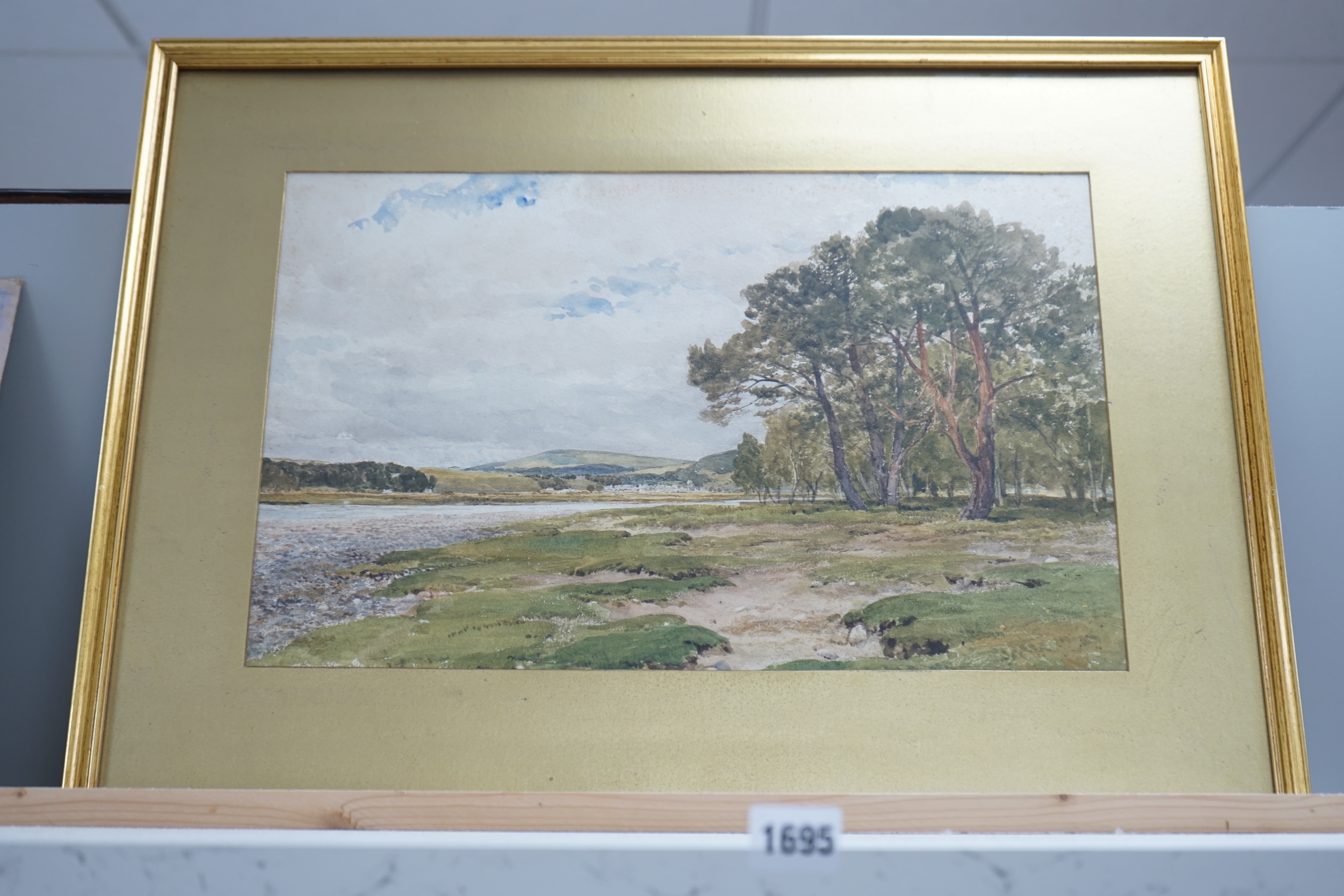 Edmund Morison Wimperis (1835-1900), watercolour, ‘A River Bank’, unsigned, various inscriptions including Christies 15th March 1902 and dated 1828 in ink verso, 28 x 43cm. Condition - fair, some spots of foxing